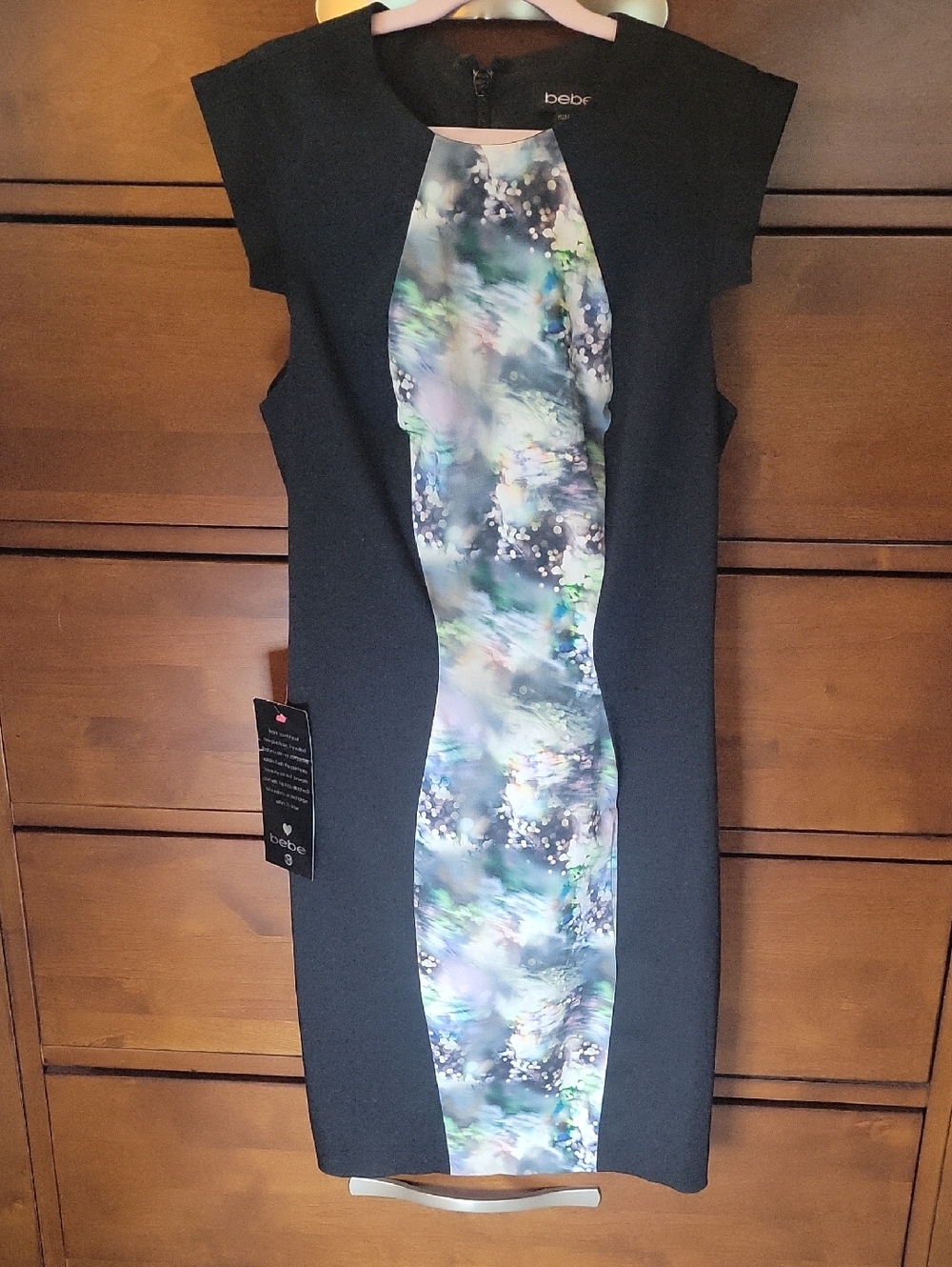 bebe Black Midi Dress with Multicolor Watercolor Panel